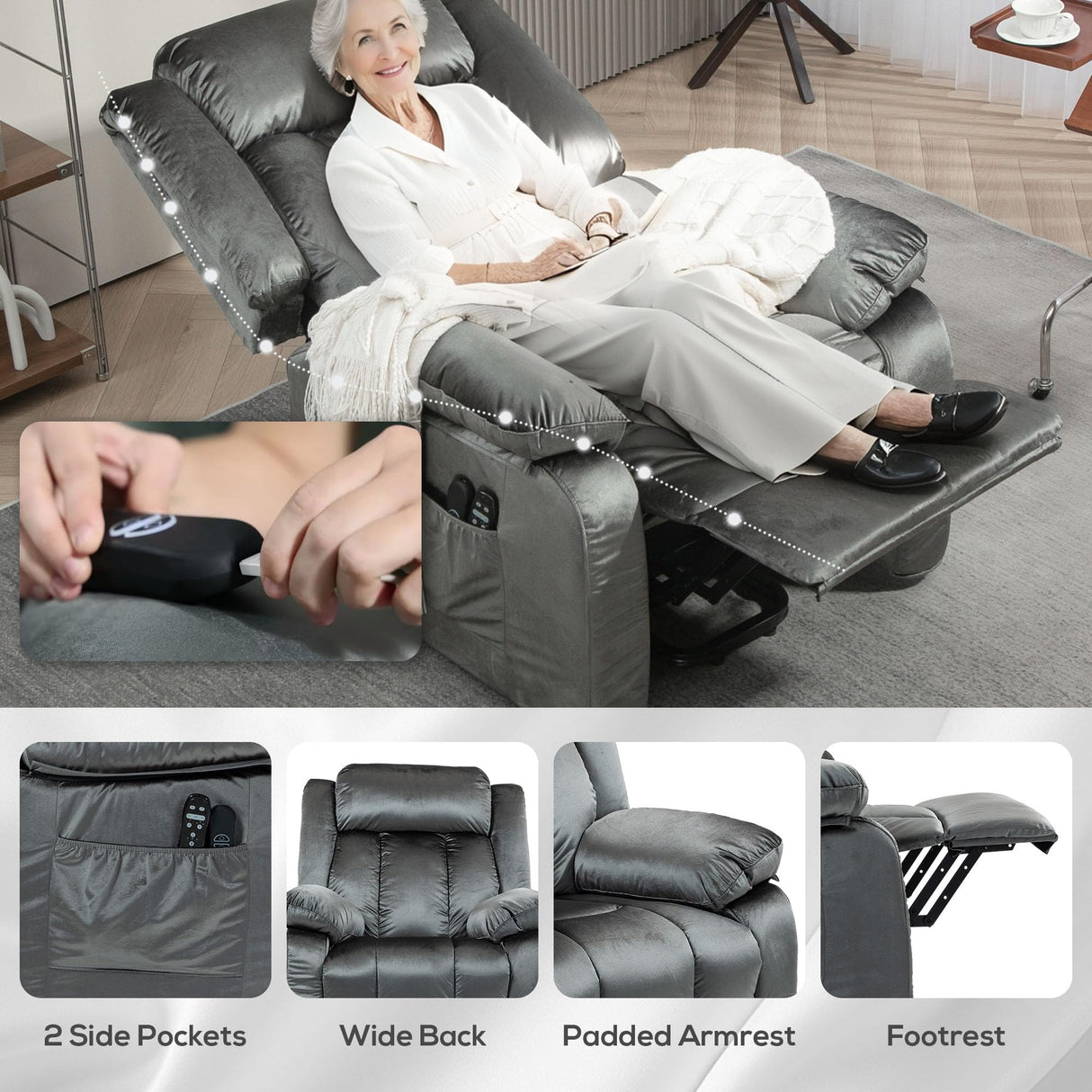 HOMCOM Power Lift Recliner Chair for Elderly, Fabric Massage Chair with Massage and Heat, Electric Lift Chair with USB Ports, Remote Controllers and Side Pockets, 35" Wide Back, Gray HOMCOM