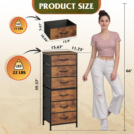 WLIVE Tall Dresser for Bedroom, 6 Drawer Dressers & Chests of Drawers, Fabric Dresser for Closet, Night Stand with Metal Frame, Storage Tower with Fabric Bins, Wood Top, Rustic Brown Wood Grain Print WLIVE