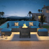 U-MAX 7 Piece Outdoor Patio Furniture Set with 30 Inch Fire Pit Table, PE Rattan Wicker Sofa Set, Outdoor Sectional Furniture Set with Cushions and Tea Table, Black Rattan and Peacock Blue Cushion U-MAX