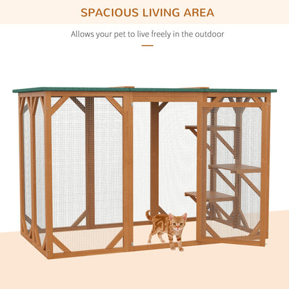 PawHut Outdoor Cat House, Catio Wooden Feral Cat Shelter, Cat Cage with Platforms, Large Enter Door, Weather Protection Asphalt Roof, 71" L, Orange - WoodArtSupply