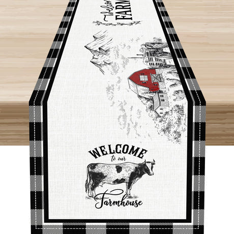 Farmhouse Table Runner, Rustic Country Barn Cottage Rooster Cow Check Animal Plank Coffee Table Center Decor for Home Kitchen Dining Patio Holiday Party Indoor Outdoor Table Decorations 13"x36" Drapeloft