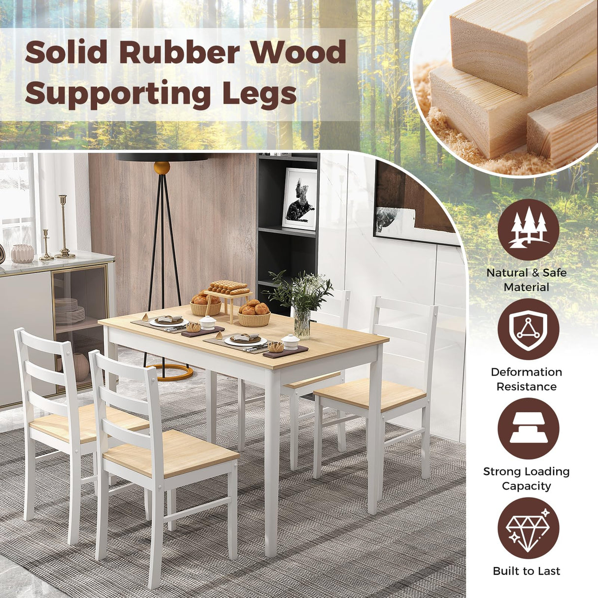 GOFLAME 5 Piece Dining Table Set for 4, Farmhouse Kitchen Table and 4 Chairs with Rubber Wood Legs, Space-Saving Wooden Dinette Set for Small Space, Dining Room, Breakfast Nook, Natural GOFLAME