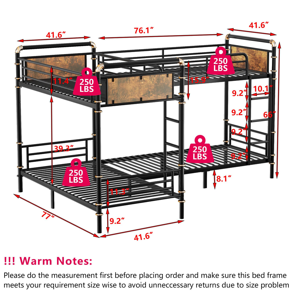Aoowow Quad Bunk Bed Twin Over Twin,Industrial Bunk Bed for 4,Heavy Duty Bunk Beds for Adults,Boys,Girls,Teens,Vintage Wooden Metal Bunkbed into 3 Beds (Black, Quad Twin Bunk) Aoowow