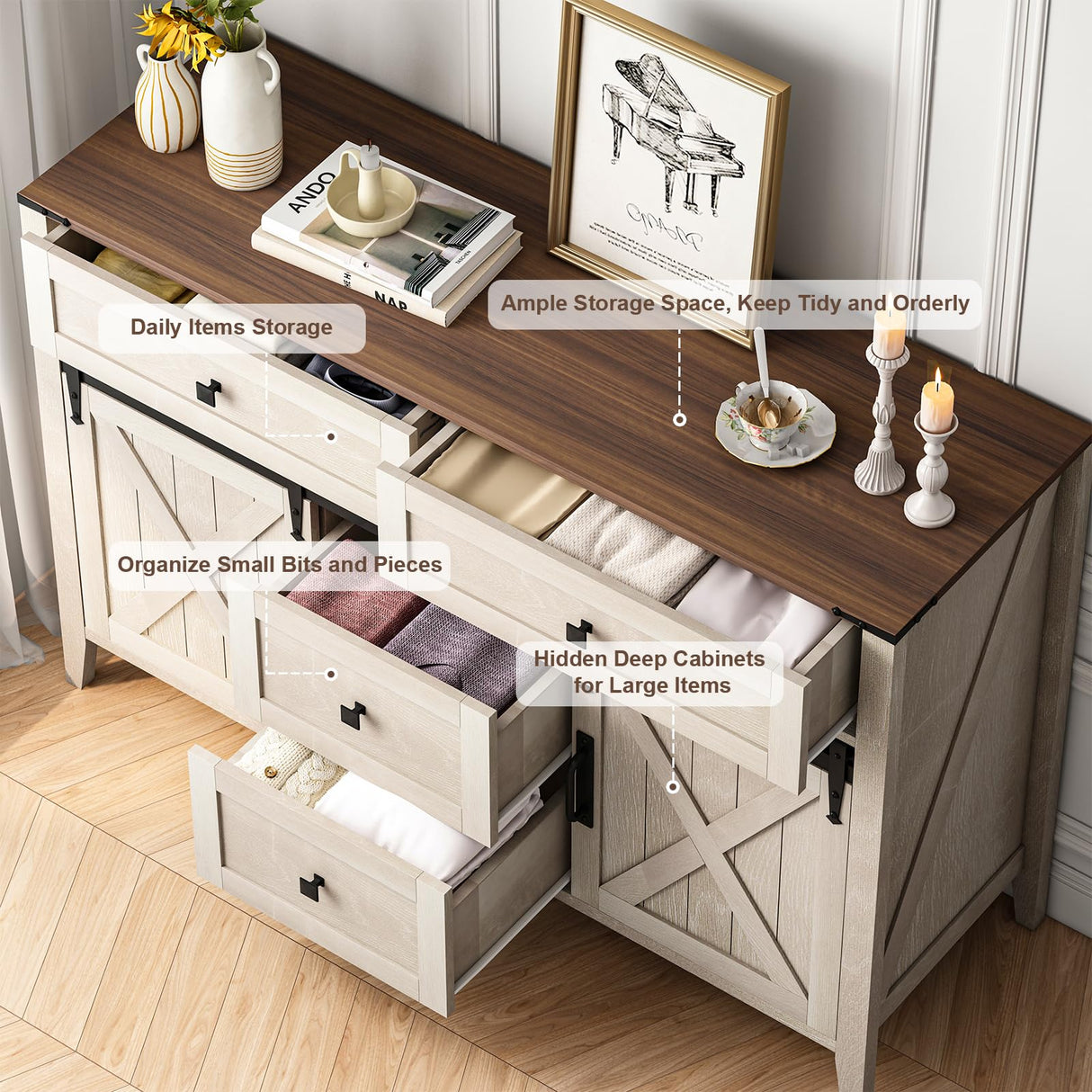 GlouMod Farmhouse Dresser for Bedroom, Sliding Barn Door Dresser with 4 Drawers Dresser Wood, White Dresser & Chest of Drawers, Kids Dresser TV Stand 47" GlouMod