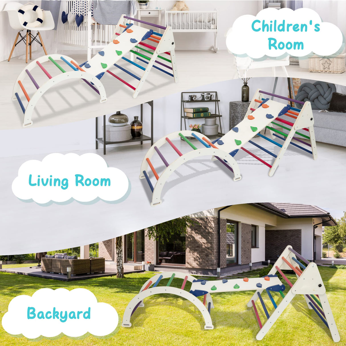 FOOWIN Pikler Triangle Set Climber 8 in 1，Toddler Climbing Toys with Ramp & Arch & Mat Montessori Climbing Set，Wooden Climbing Toys with Ramp for Kids FOOWIN