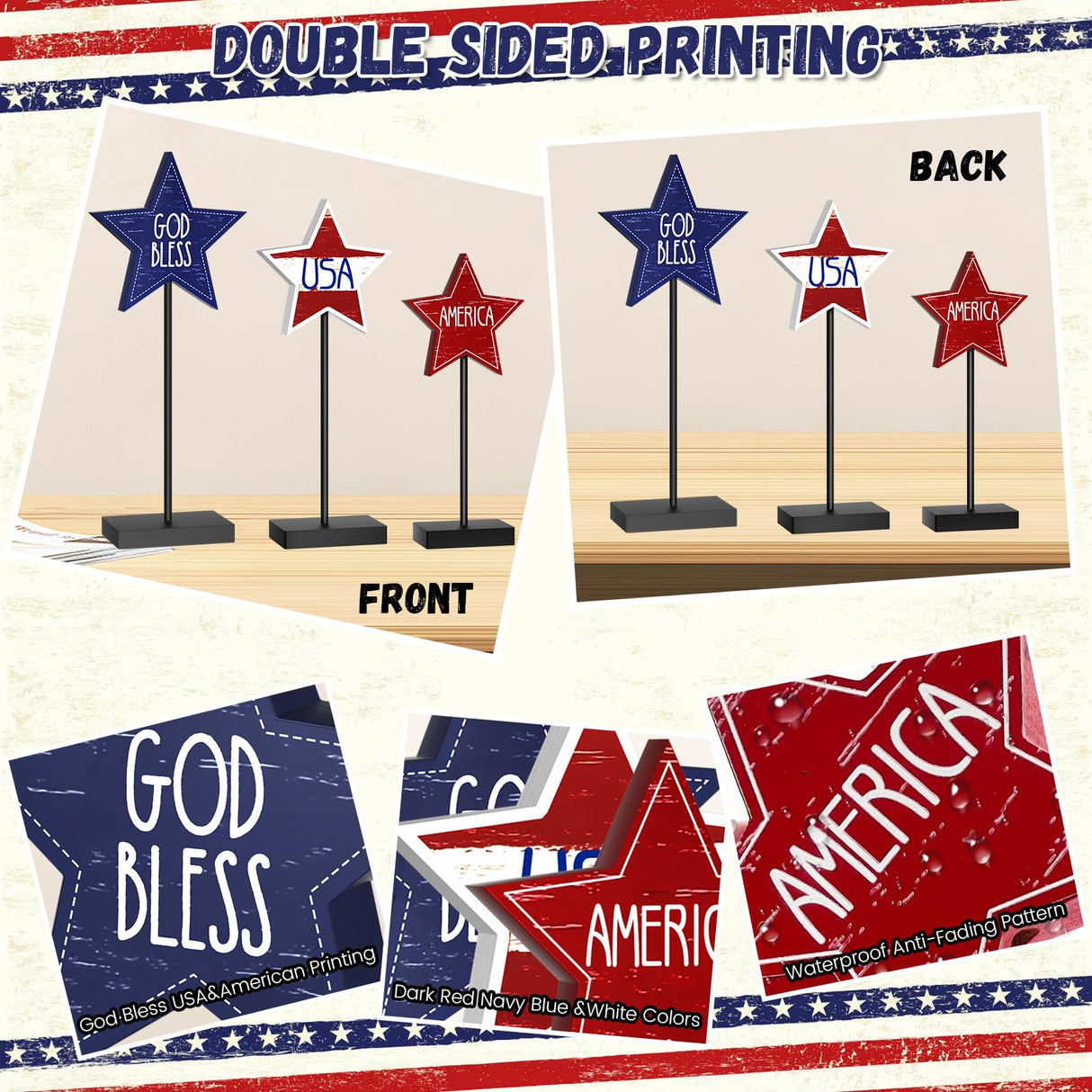 DECEED 3 PCS 4th of July Wood Star Table Sign, Wooden Patriotic Table Centerpieces, Rustic Memorial Day Table Decorations, Wood Standing Star, Red White and Blue Decorations for Home Office (Text) DECEED