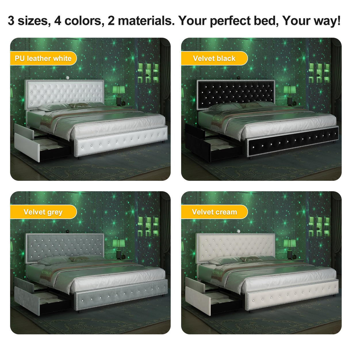 GEGOFORU Queen led Bed Frame with 4 Drawers，Galaxy Projector Adjustable Upholstered Headboard Diamond Bed Frame with Charger Music Speaker, No Box Spring Needed, Wooden Slats Support, PU White GEGOFORU