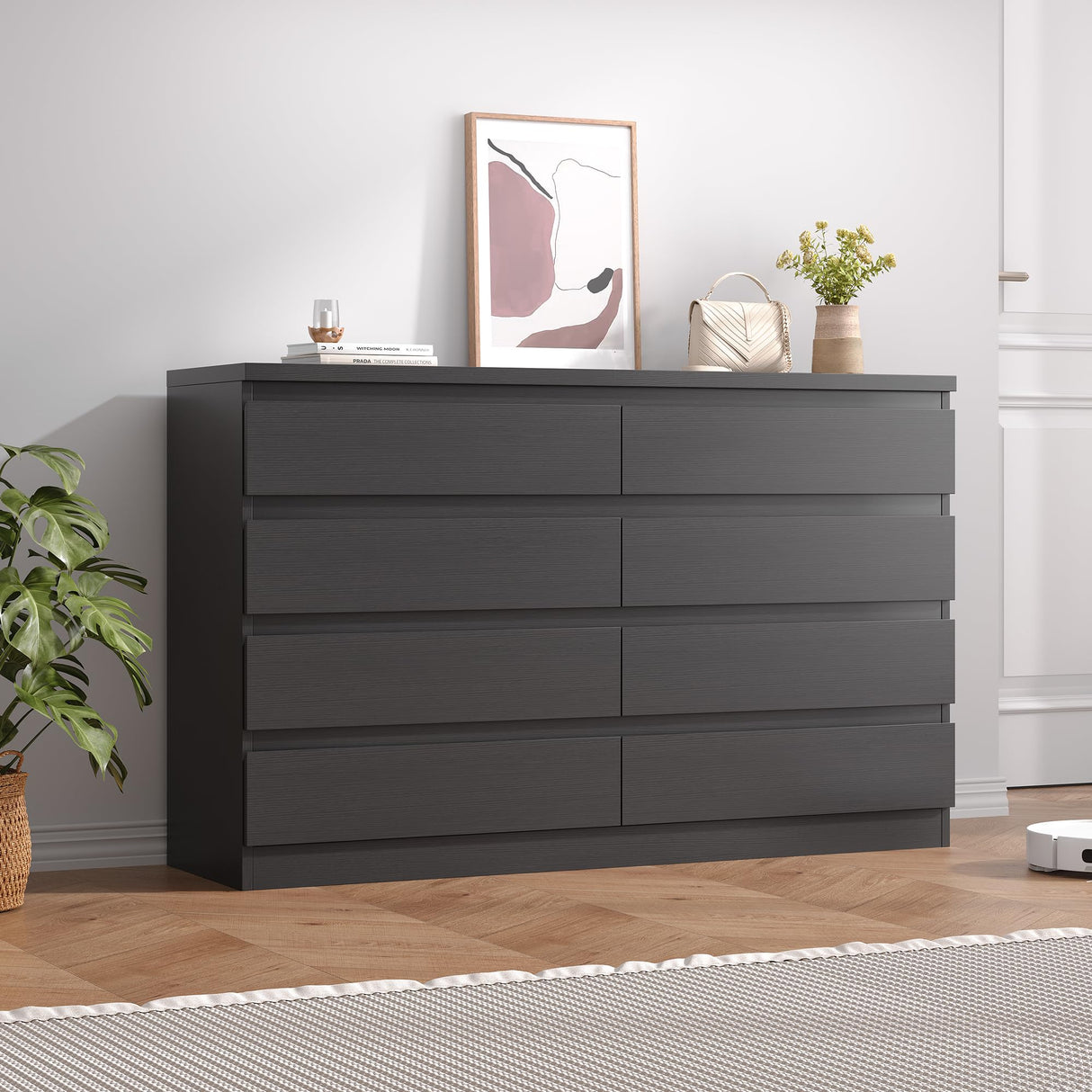 Jocoevol Modern Black 8 Drawer Dresser for Bedroom, 15.3" D x 55.2" W x 32.3" H Simply Chest of Drawers, Wood Storage Dresser with Deep Drawers for Living Room Hallway Entryway, Black Jocoevol