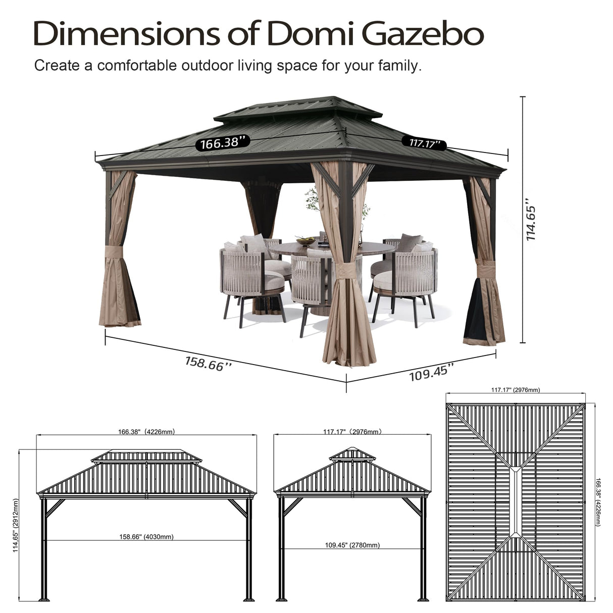 Domi 10x14 FT Outdoor Gazebo, Hardtop Gazebo with Galvanized Steel Double Roof, Metal Gazebos with Drainage System Patio Pergola for Patio Deck Backyard,Curtain and Netting, Brown domi outdoor living