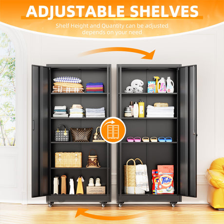 Bonusall Garage Cabinets with Wheels, 73" H Metal Locking Cabinet with 2 Doors and 4 Shelves, Storage Cabinet on Wheels for Home Office,Warehous, School(Black Bonusall