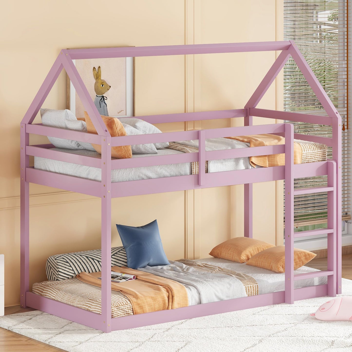 Twin Over Twin House Bunk Bed for Kids,Twin Size Low Bunk Beds with Ladder,Floor Bunk Bed Twin Over Twin,Solid Bunk Bed for Girls Boys,Pink