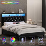 HOMBCK Full Size Bed Frame with LED Lights, Velvet Upholstered Bed Frame Full with Charging Station and Storage Headboard, Modern Diamond and Rivet Design, No Box Spring Needed, Easy Assembly, Black HOMBCK