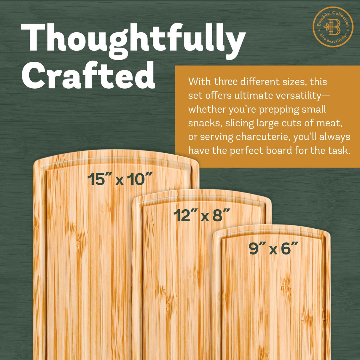 Wood Cutting Board - 3 Piece Bamboo Cutting Board Set, Wooden Cutting Boards for Kitchen with Deep Juice Groove, Side Handles - Wood Chopping Boards for Meal Prep, Meat, Vegetables, and Charcuterie Bambüsi