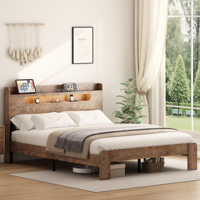 Decoholic Full Size Wooden Bed Frame, Storage Headboard with Charging Station & Led Lights, Solid and Stable, Noise Free,Rustic Farmhouse Sturdy Framework Wood Bedframe, Easy Assembly