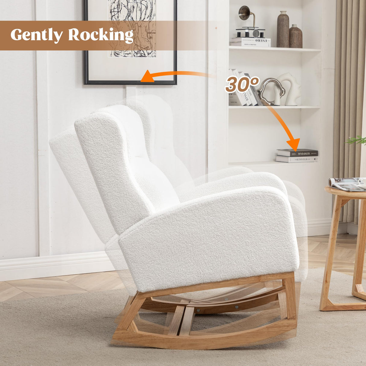 HCHAIRH Rocking Chair Nursery, Nursing Rocking Chairs for Mom Nursery, Comfy Wingback Glider Rocking Armchair with Foot Rest and Side Pocket for Nursery Living Room Bedroom, Teddy White HCHAIRH