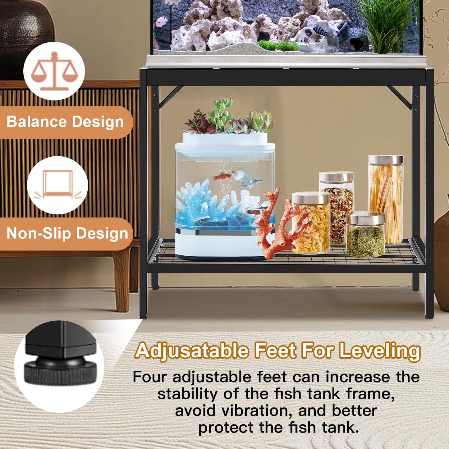 40-50 Gallon Fish Tank Stand, Aquarium Stand with Power Outlets,36.6" x 18.5"Tabletop, Thickened Metal Frame, Reptile Tank Stand for Home Office, Tank not Included ﻿ - WoodArtSupply