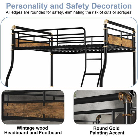 Full XL over Queen Bunk Beds for Teens or Adults ,Industrial Heavy-Duty 2 IN 1 Metal Convertible Bunk Bed with Ladder and Slats Support ,15.9" High Guard Rail,Space-Saving ,Noise Reduced,Black Mirightone