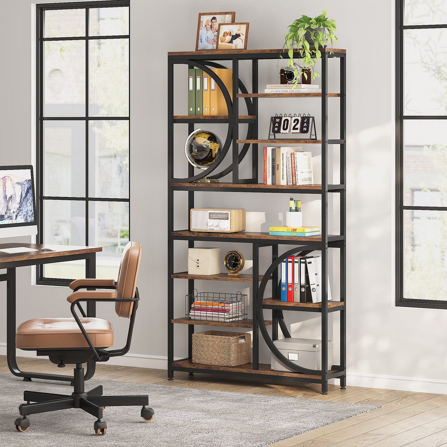 Tribesigns Bookshelf, Industrial 8-Tier Etagere Bookcases, 77-Inch Tall Book Shelf Open Display Shelves, Wood Look Accent Shelving Unit with Metal Frame for Home Office (1, Brown/Black)