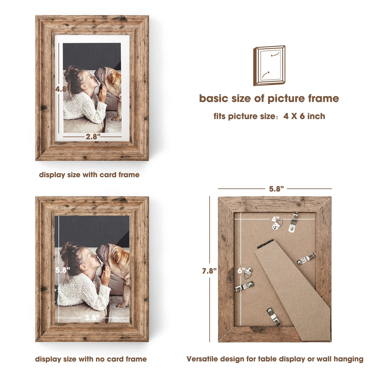 TWING 4x6 Picture Frames Set of 6, Rustic Farmhouse Picture Frame 3x5 with Mat or 4x6 Without Mat, Tabletop Display and Wall Mounting Home Decorative collage picture Photo Frames Wood Brown,Walnut TWING