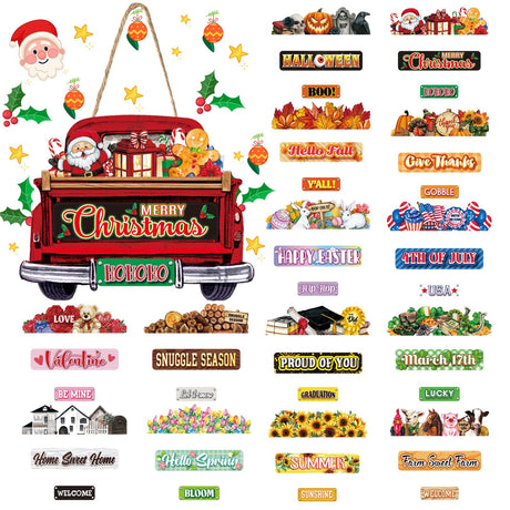 Suzile 43 Pcs Interchangeable Christmas Welcome Sign for Front Door Farmhouse Truck Porch Hanging Decor with 42 Interchangeable Seasonal Sign Wooden Wall Outdoor Christmas Thanksgiving Ornament(Red) Suzile