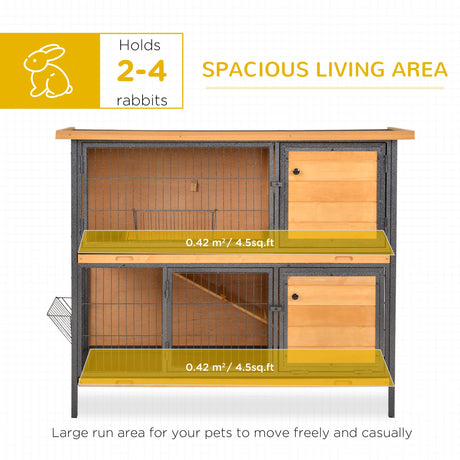 PawHut 48" 2-Story Large Rabbit Hutch Bunny Cage Wooden Pet House Metal Frame with Individual Room, Ramp, No Leak Tray, Feeding Trough, Waterproof Asphalt Roof for Outdoor/Indoor PawHut