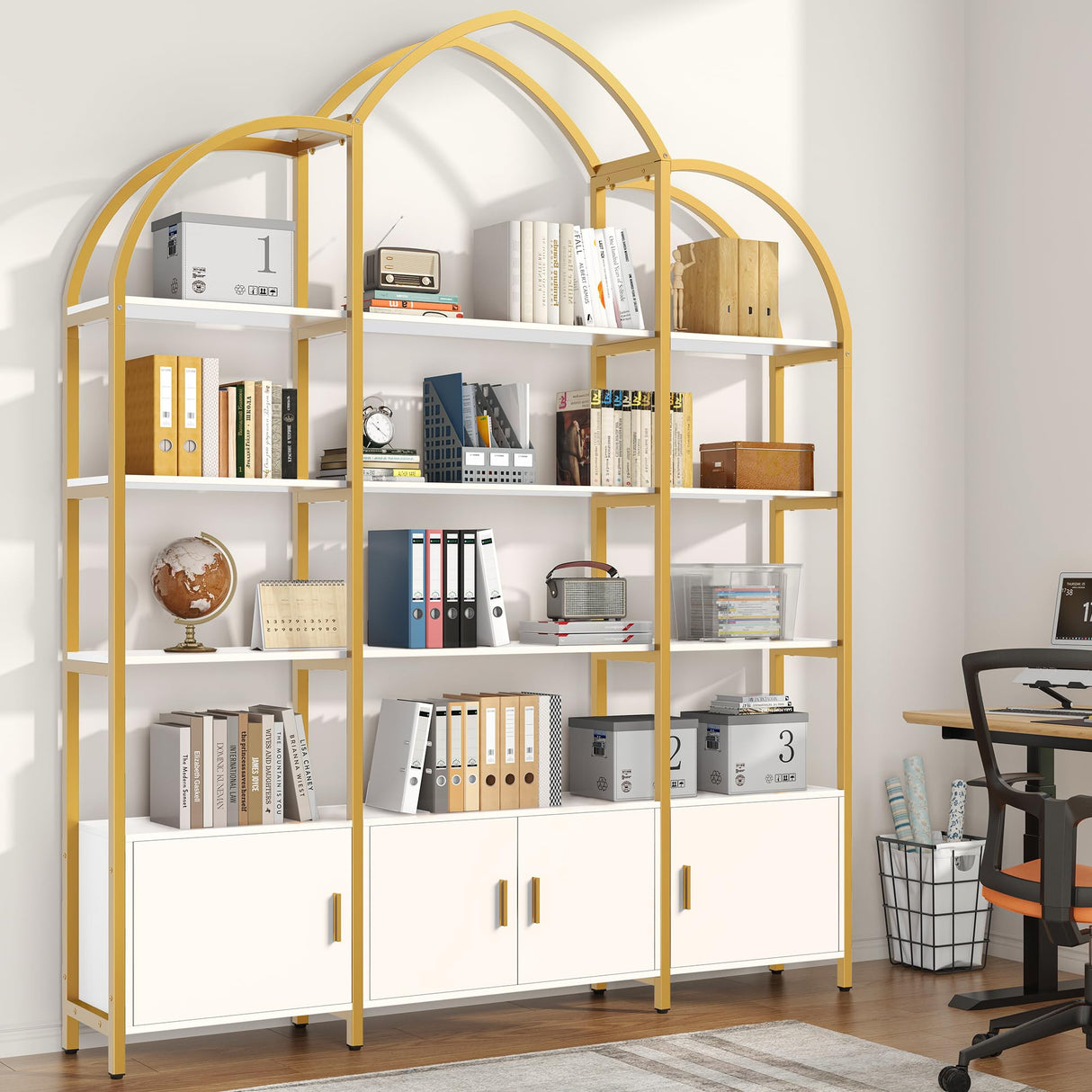 Nosepen 86" Gold Bookshelf, Triple Wide 5 Tier Arched Bookshelves & Bookcases with Storage, Large Modern Metal Book Shelf Stand for Bedroom/Living Room/Office Display Shelves, White & Gold Nosepen