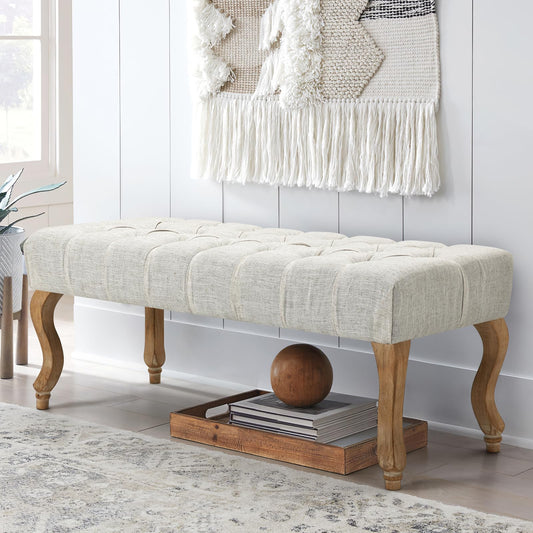 ECOTOUGE French Vintage Button-Tufted Upholstered Entryway Bench, Linen Fabric Accent Bench with Distressed Wood Legs for Living Room, Foyer, Dining Room, Beige - WoodArtSupply