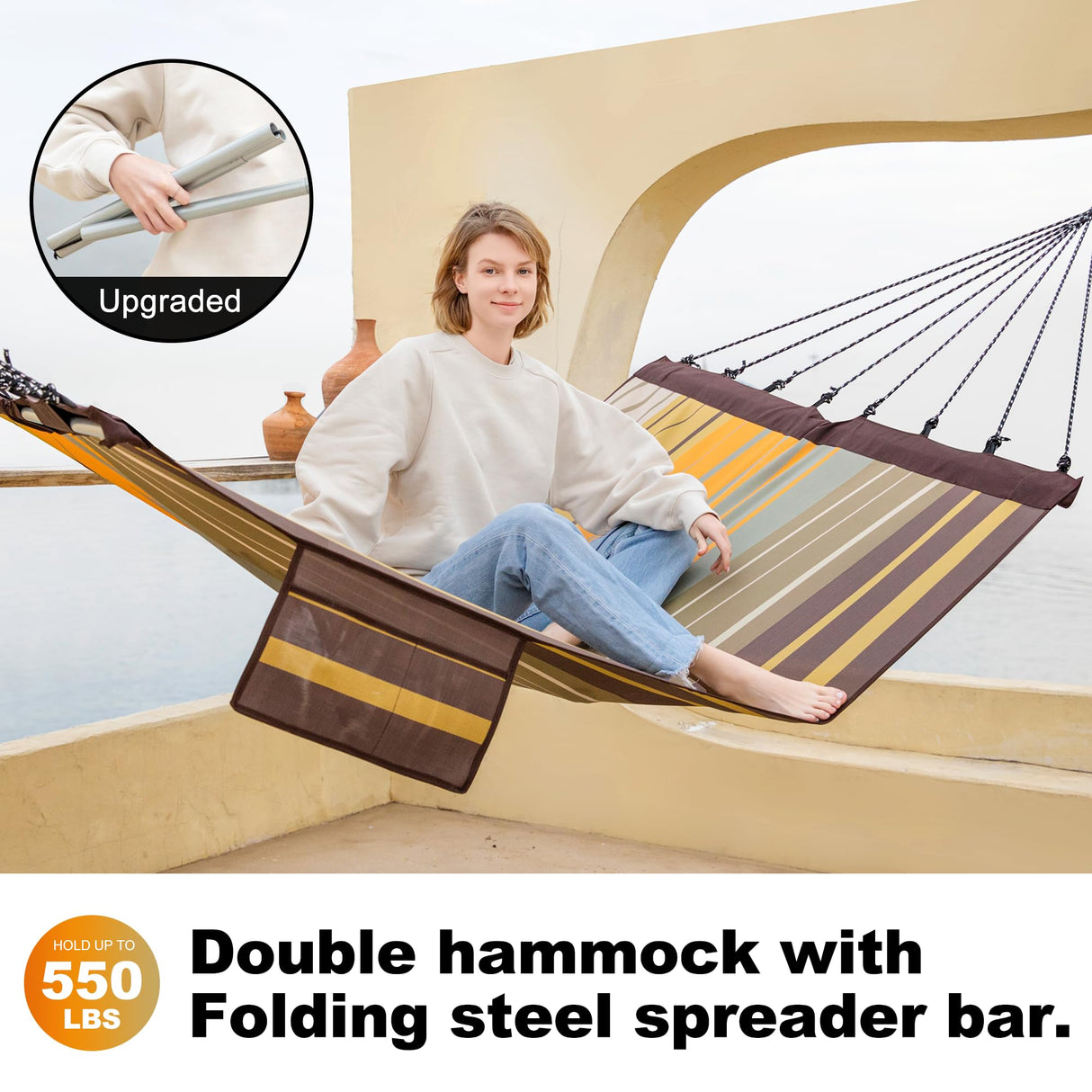 GAFETE 14ft Two Person Outdoor Hammock, Portable Camping with Folding Steel Spreader Bar, Carrying Bag, Carabiners, Tree Straps, Pillow & Sidebag, Quick Dry Textilene, 550 lbs Capacity (Coffee) gafete