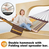 GAFETE 14ft Two Person Outdoor Hammock, Portable Camping with Folding Steel Spreader Bar, Carrying Bag, Carabiners, Tree Straps, Pillow & Sidebag, Quick Dry Textilene, 550 lbs Capacity (Coffee) gafete