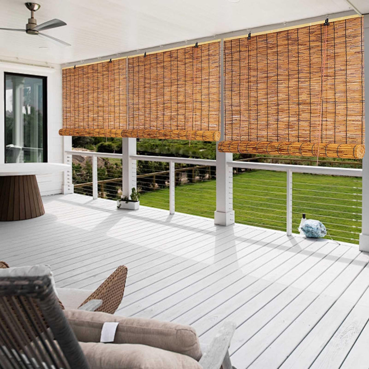 Outdoor Bamboo Roller Shades Blinds for Patio Waterproof Privacy Bamboo Roll Up Shade 70% Blackout Bamboo Blinds for Garden Porch Anti-UV Custom 20 26 38 46 62 70 72 79" Easy to Install Bamboo Curtain WQbhryllya