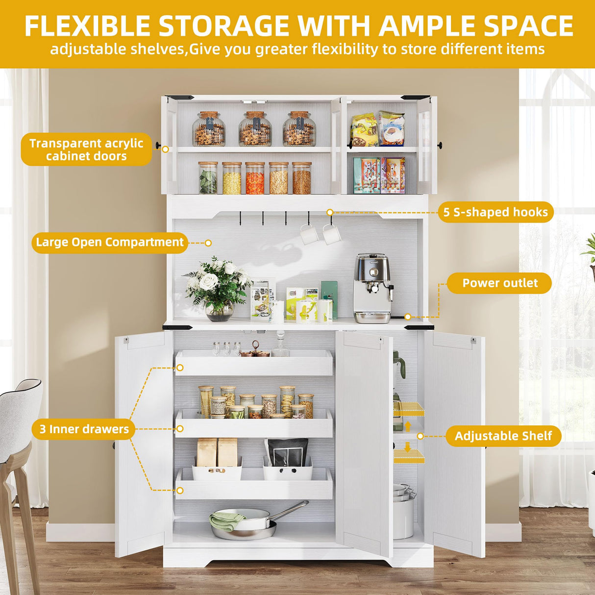 DWVO 71" Tall Kitchen Pantry Cabinet with Charging Station, Kitchen Hutch Storage Cabinet with Drawers, Farmhouse Freestanding Cabinets for Dining Room, White Rustic Oak DWVO