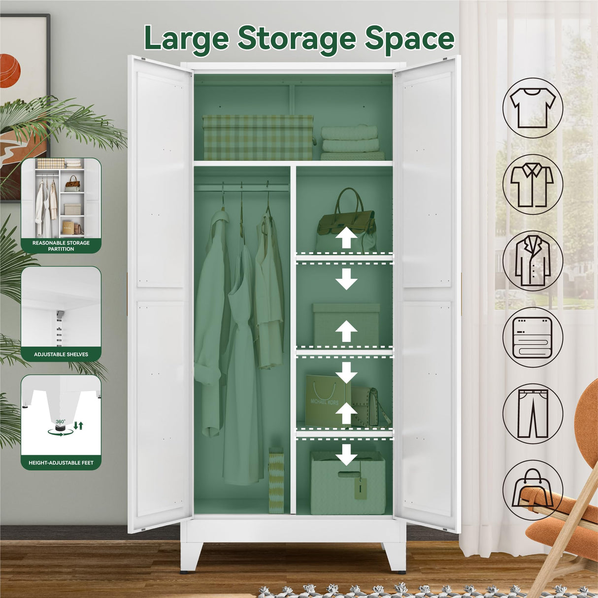 Metal Combination Cabinet, Wardrobe Closet Cabinets with Doors and Shelves, 71" Farmhouse Bedroom Armoire Closet with Hanging Rod and Clothing Shelf, White Steel Wardrobe Cabinet for Bedroom Bevivog