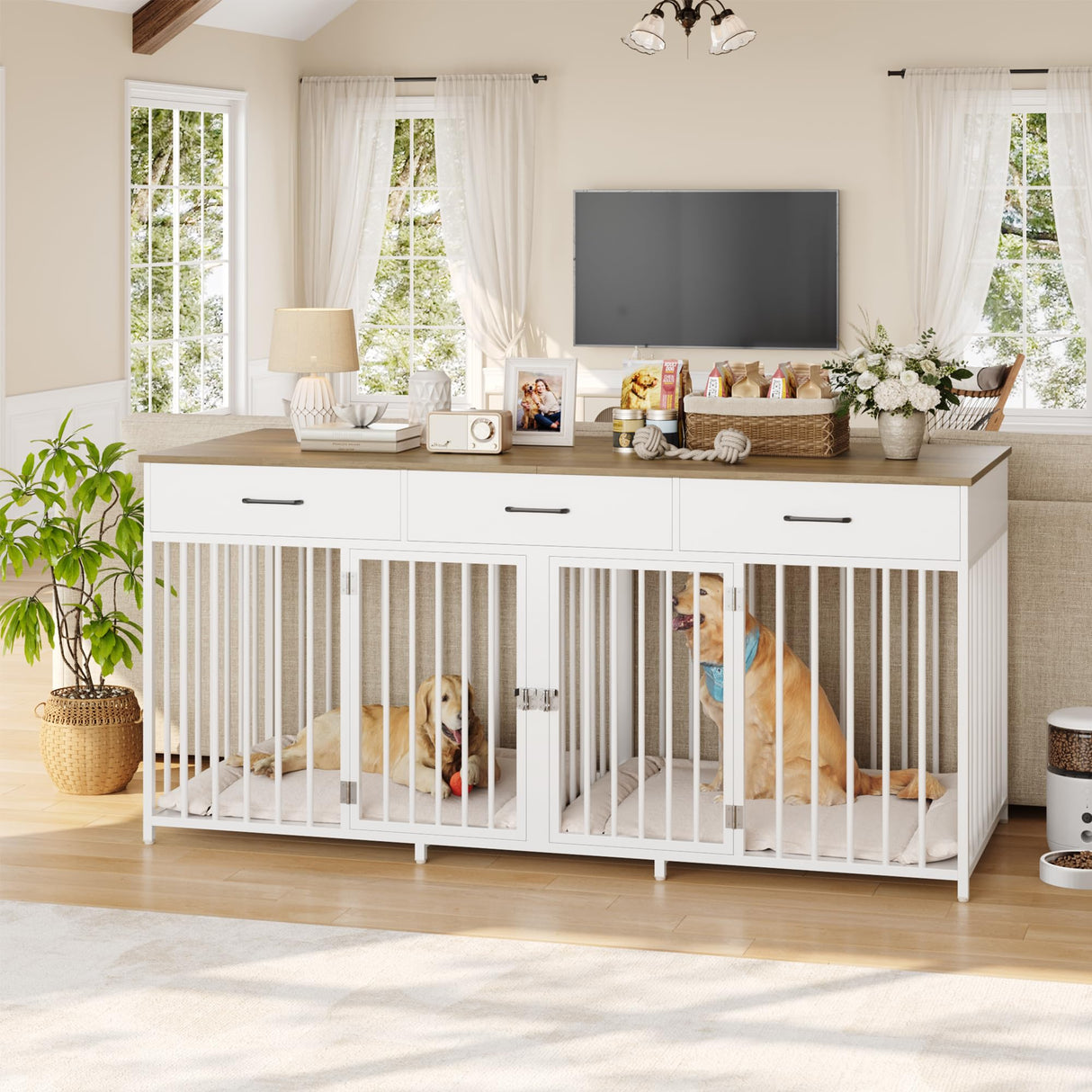 HOSTACK Double Dog Crates Furniture, 71" Wide Indoor Dog Kennel with 3 Drawers, Farmhouse Dog Cage for 2 Large/Medium Dogs, Heavy Duty Dog Crate with Removable Room Divider, Wooden Pet House, White HOSTACK