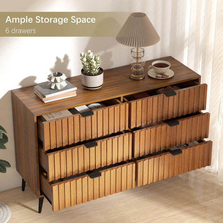 Furnivado Fluted Dresser for Bedroom with 6 Drawers, 47'' Wide Modern Dresser with Metal Handle, Natural Wood Dressers Organizer with Blister Drawers for Bedroom, Brown Furnivado