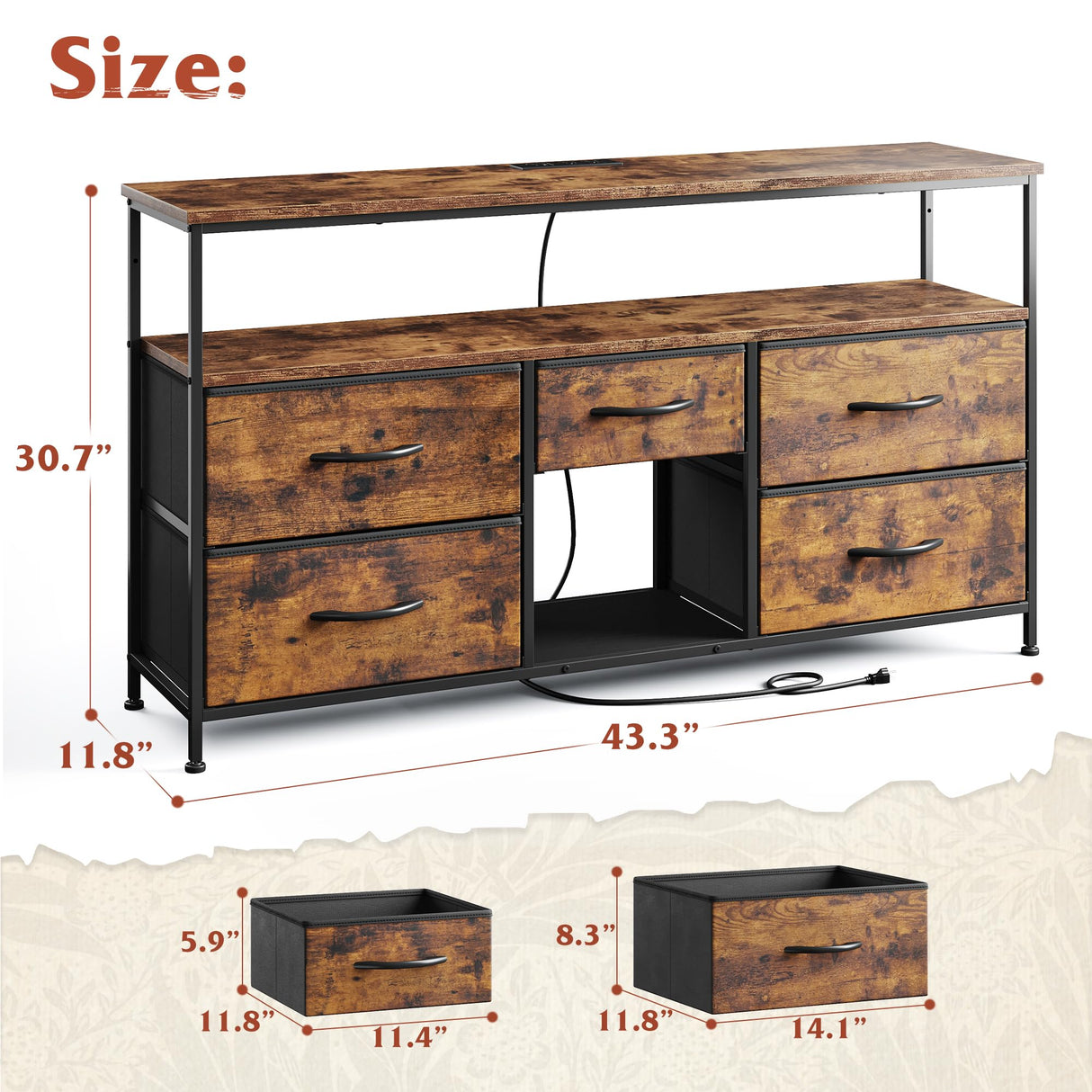 EnHomee TV Stand Dresser for Bedroom with 5 Drawer,Entertainment Center for 50 inch Television, Media Console Table with Storage, Open Shelf, Living Room,Rustic Brown EnHomee