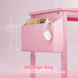 TIQLAB Gaming Desk 40 inch with Power Outlet and LED Light, Computer Desk with Reversible Shelves and Storage Drawer, Small PC Desk for Home Office Table with Bag, Carbon Fiber Pink TIQLAB