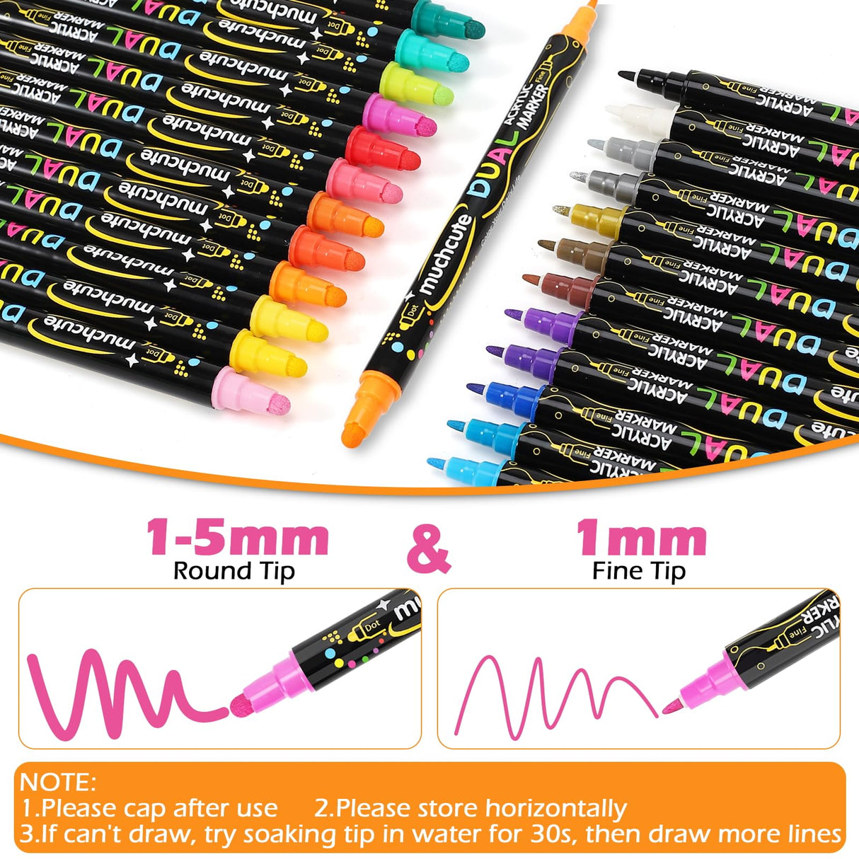 Acrylic Paint Pens Acrylic Paint Markers Set: 24 Dual Tip Acrylic Markers Wood Rock Painting Kit Wine Glass Fabric Permanent Clothes Plastic Canvas Ceramic Scrapbook Fine Gel Arts Crafts Supplies Kids Muchcute