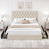 LARMACE King Size Bed Frame with 4 Storage Drawers and Tufted Headboard Linen Upholstered Platform Bed Frame with Heavy Duty Wood Slats, No Box Spring Needed, Easy Assembly, Beige LARMACE