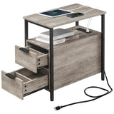 VASAGLE Side Table with Charging Station, Narrow End Table with 2 Drawers, Slim Nightstand and Bedside Table with Storage, for Small Spaces, Greige + Black VASAGLE