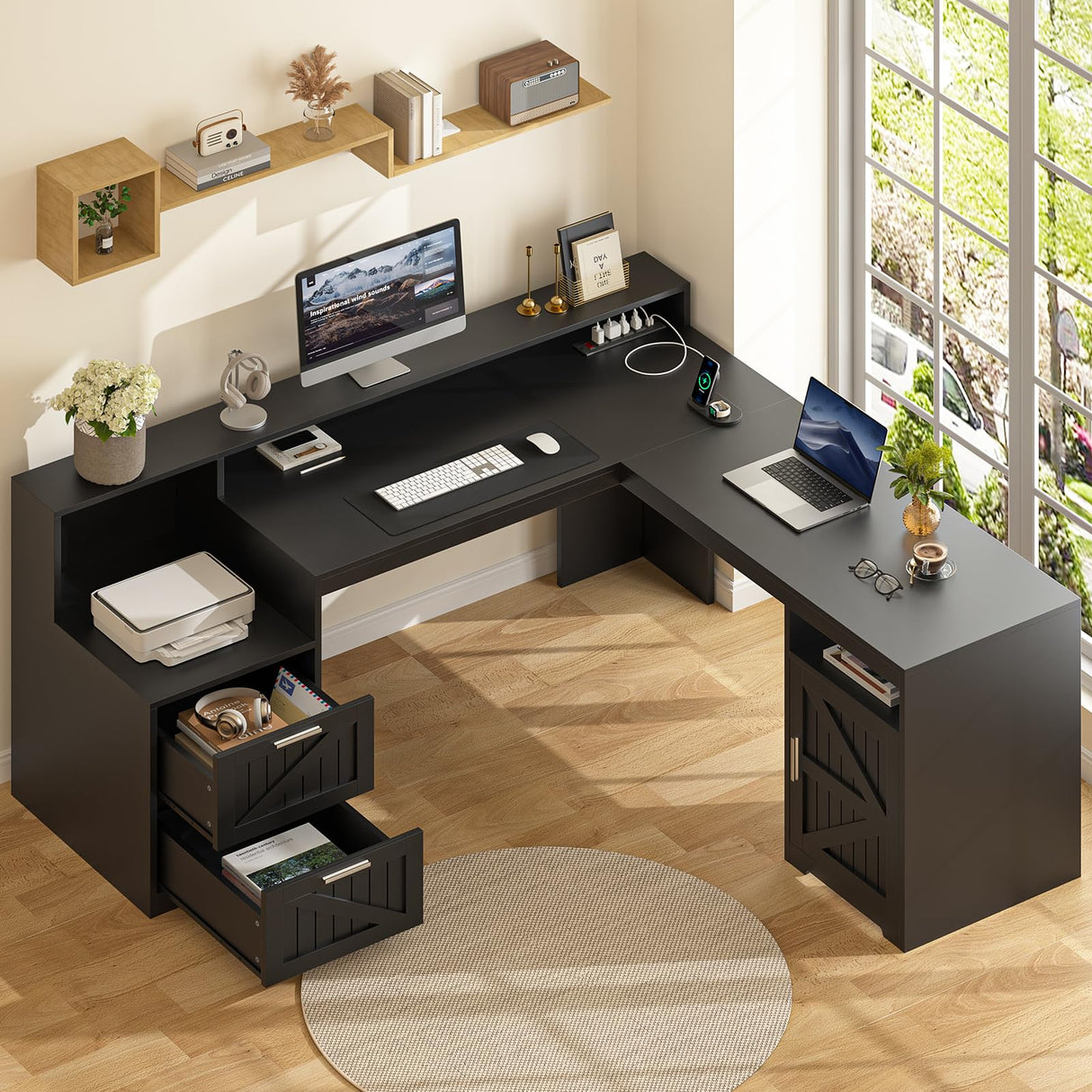 YOMILUVE 63" Farmhouse L Shaped Desk with Drawers & Storage Shelf, Corner Computer Desk with Power Outlets for Home Office, Executive Desk with Monitor Stand, Printer Shelf, Black YOMILUVE