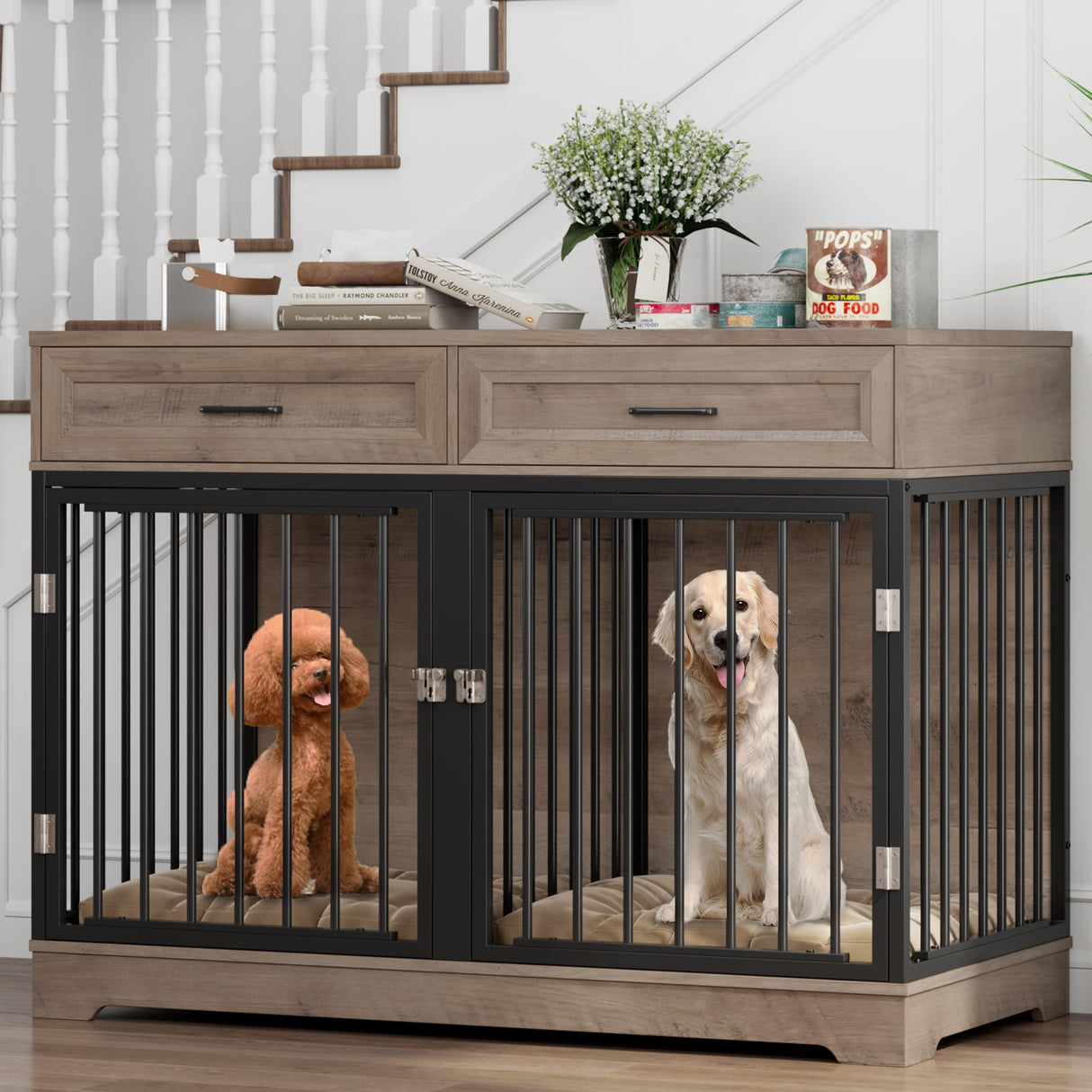 Dog Crate Furniture 47" Wooden Dog Kennels for Dogs Indoor with a Removable Divider for Large/Medium/Small Dogs, 2 Storage Drawers and Large Tabletop Dog Cages Double Doors Dog House, Rustic TTVIEW