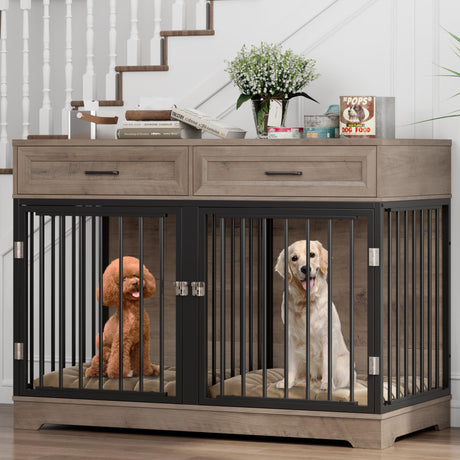 Dog Crate Furniture 47" Wooden Dog Kennels for Dogs Indoor with a Removable Divider for Large/Medium/Small Dogs, 2 Storage Drawers and Large Tabletop Dog Cages Double Doors Dog House, Rustic TTVIEW