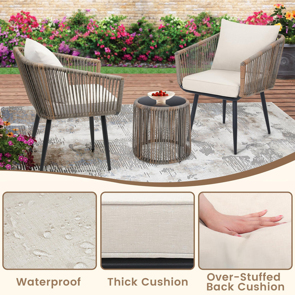 Kromax 3 Piece Patio Rattan Bistro Conversation Set, Outdoor All Weather Wicker Furniture Chairs and Side Table Set, Ideal for Balcony, Porch and Backyard, Beige Kromax