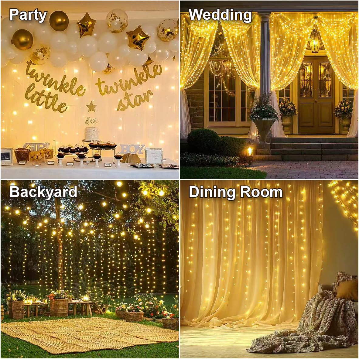 HXWEIYE 300LED Fairy Curtain Lights, 9.8x9.8Ft Warm White USB Plug in 8 Modes Christmas String Hanging Lights with Remote for Bedroom, Indoor, Outdoor, Weddings, Party HXWEIYE