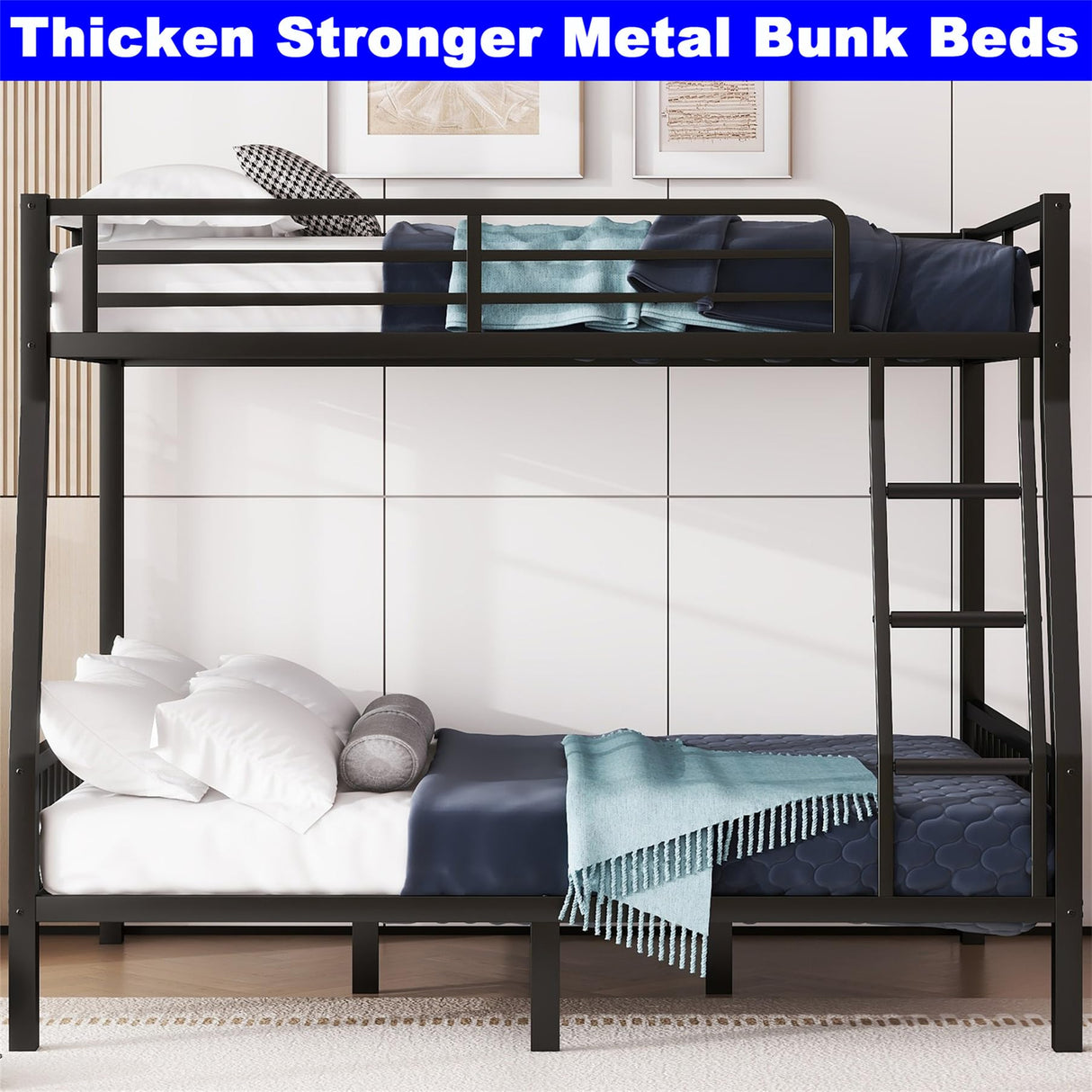 Kntyr Upgraded Version Thicken Metal Full XL Over Queen Bunk Bed, Stronger Heavy Duty Steel Bunk Bed Full Over Queen Size, Best Bunkbed Frame for Adults, Easy Assembly, Black (Full XL Over Queen) Kntyr