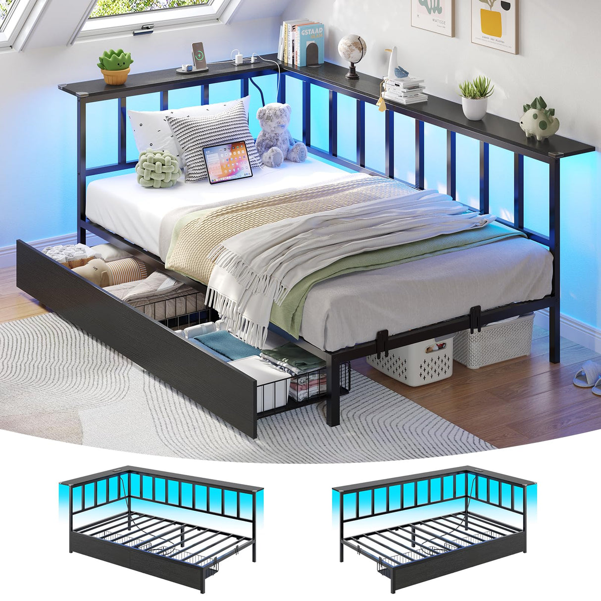 Hasuit Twin Corner Bed Frame with 2 Storage Drawers, Modern Twin Daybed with Charging Station and LED Lights for Kids Teenagers, Metal Platform Bed Frame for Bedroom, Living Room, Guest Room, Black Hasuit