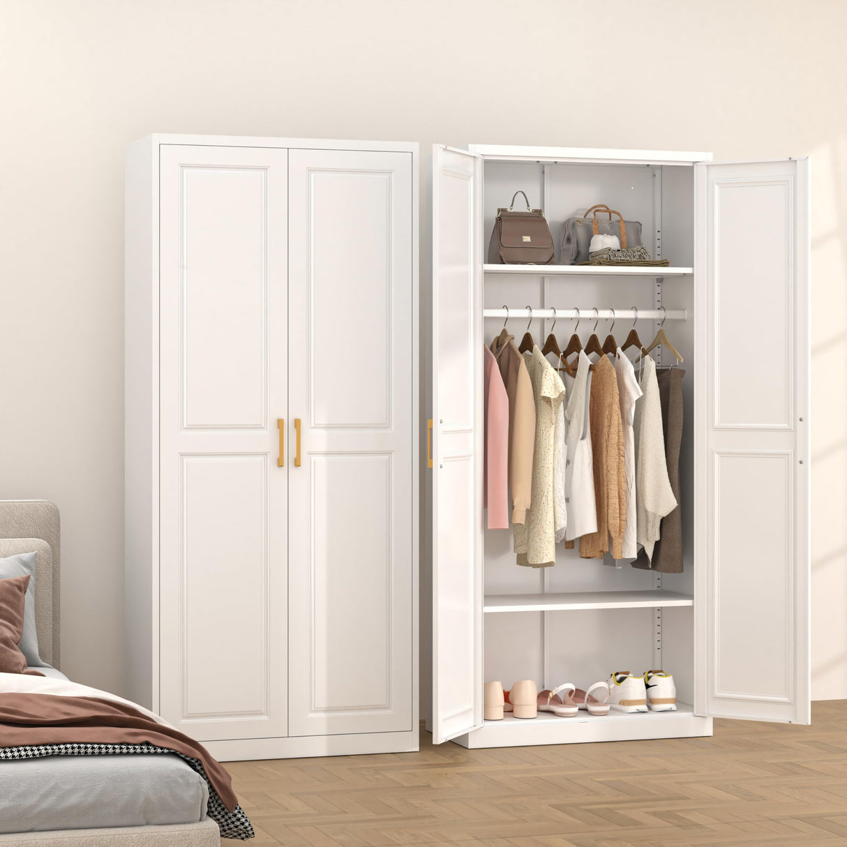 TIMELESS PIECES Metal Wardrobe Cabinets，Armoire Wardrobe Closet with Hanging Rod,Clothes Storage Cabinet with Adjustable Shelves and Doors, Clothing Cabinet for Bedroom, Office, Laundry Room TIMELESS PIECES