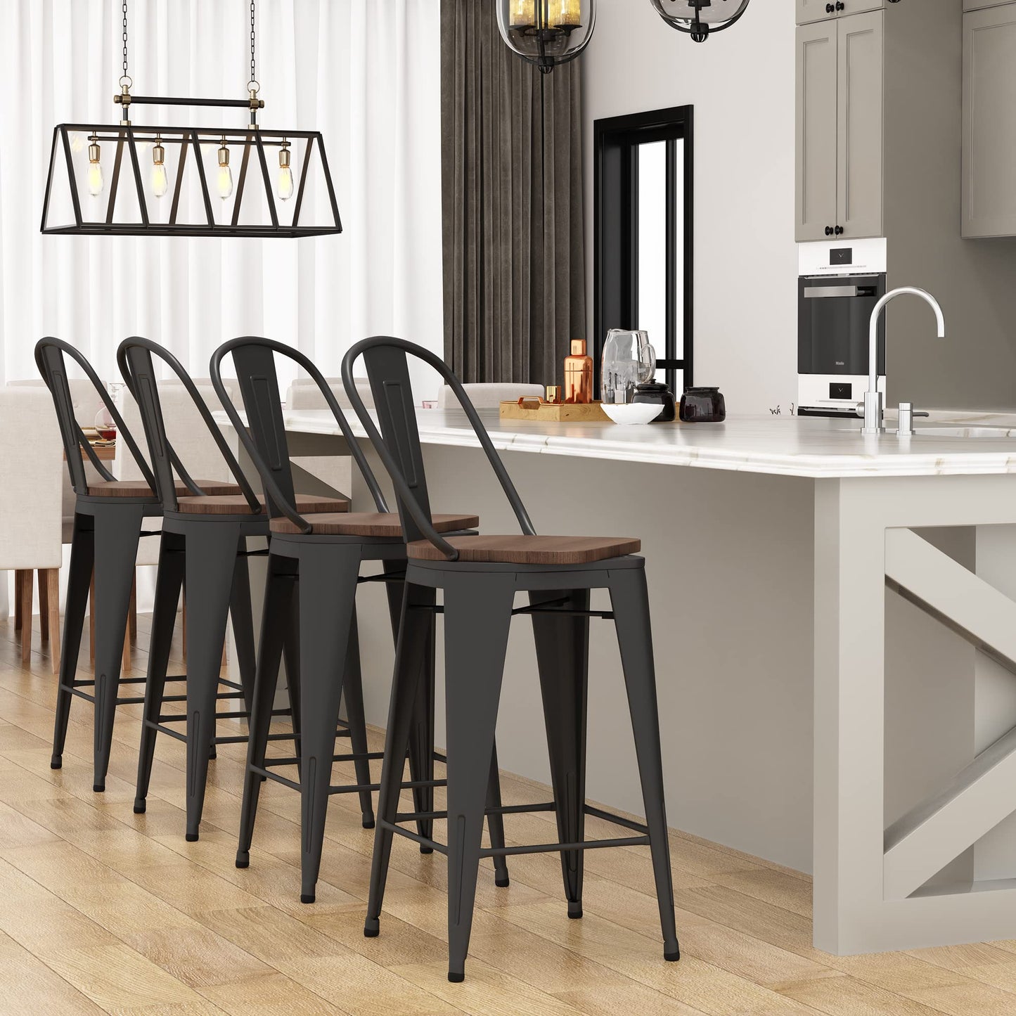 Apeaka 24" Swivel Metal Bar Stools Set of 4 Counter Height Bar Chairs Industrial High Back Barstools with Large Wooden Seat Matte Black - WoodArtSupply