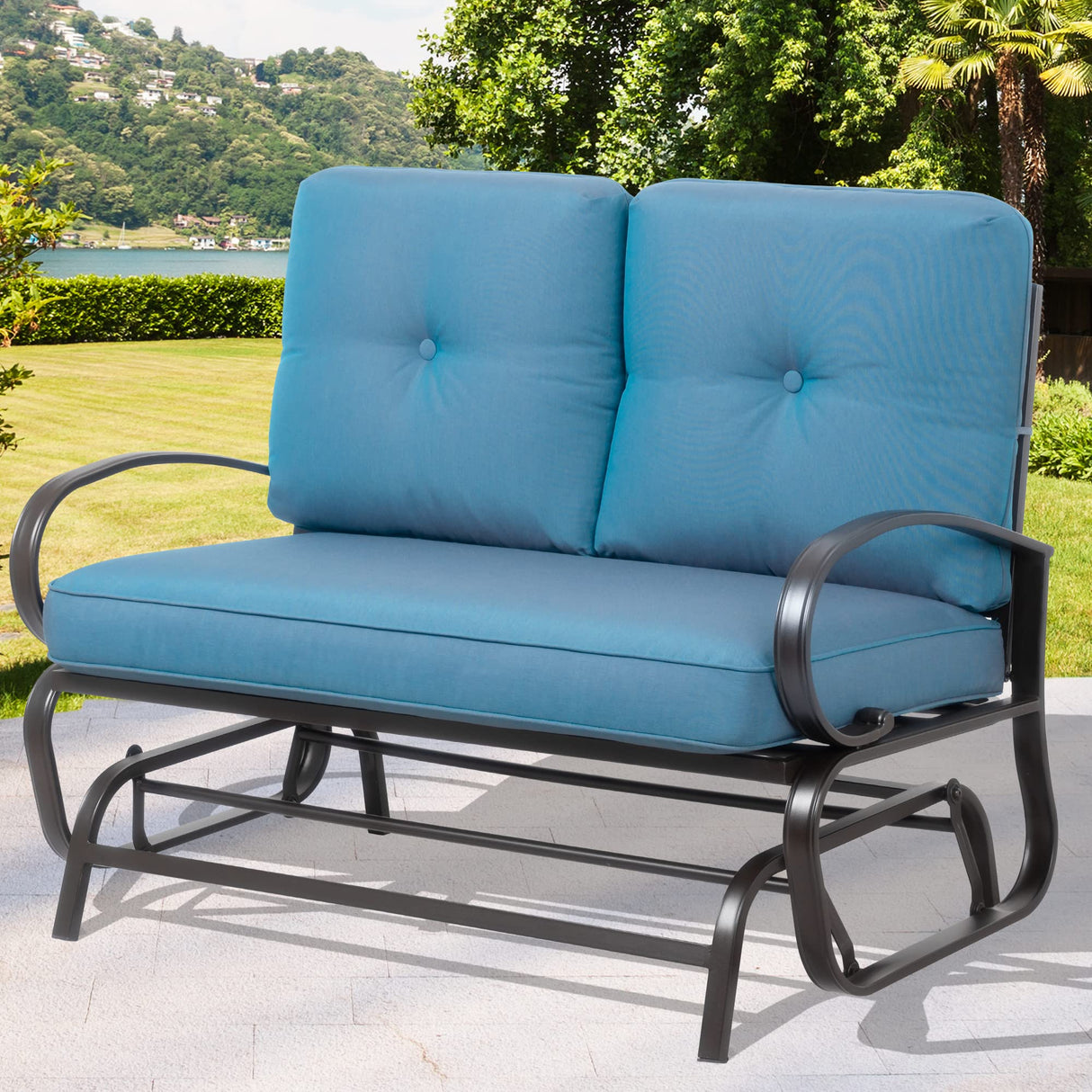 Shintenchi Metal Outdoor Patio Swing Glider Bench, Loveseat Rocking Chair, Wrought Iron Patio Furniture Steel Frame Glider Chair with Cushion for Porch, Balcony, Garden(Blue) Shintenchi