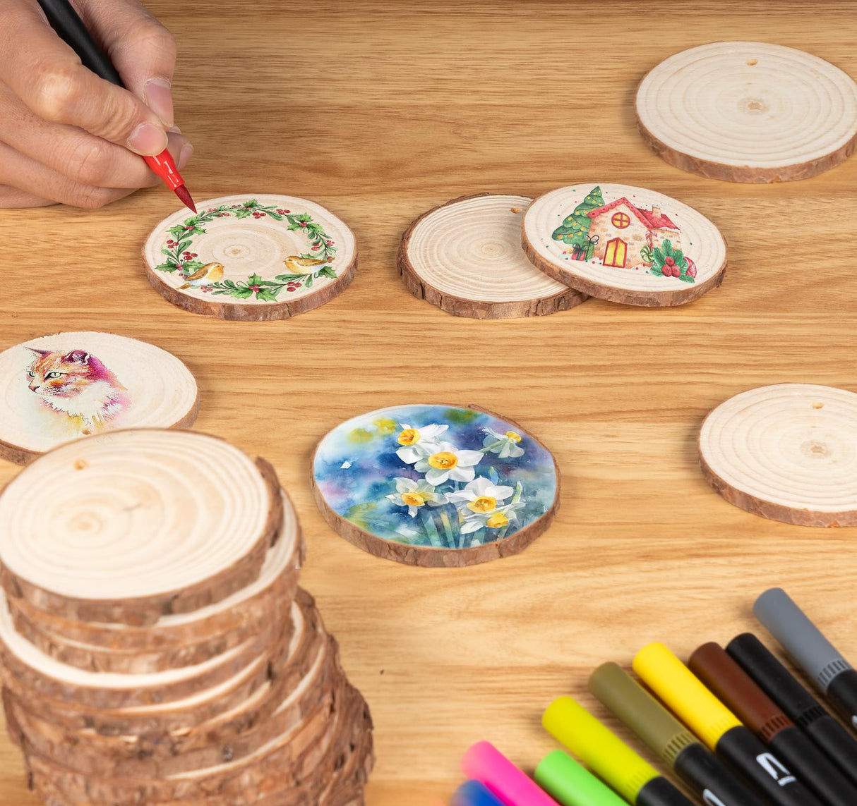 ilauke Wood Slices, 50PCS 2.4"-2.8" Unfinished Natural Wooden Christmas Ornaments Kit with Pre-drilled Hole, Acrylic Paint Pattern Stencils, DIY Crafts for Xmas Ornaments Party Holiday Decor ilauke